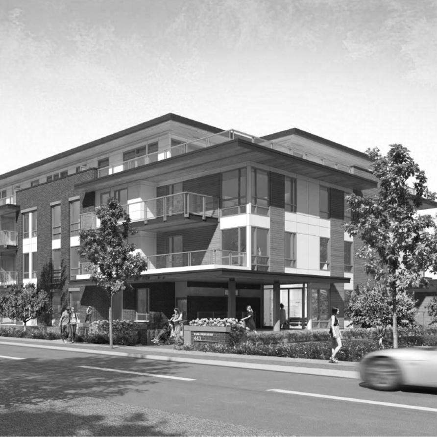 Modern multi-story apartment building with balconies, situated on a street with pedestrians and a moving car, trees lining the sidewalk.