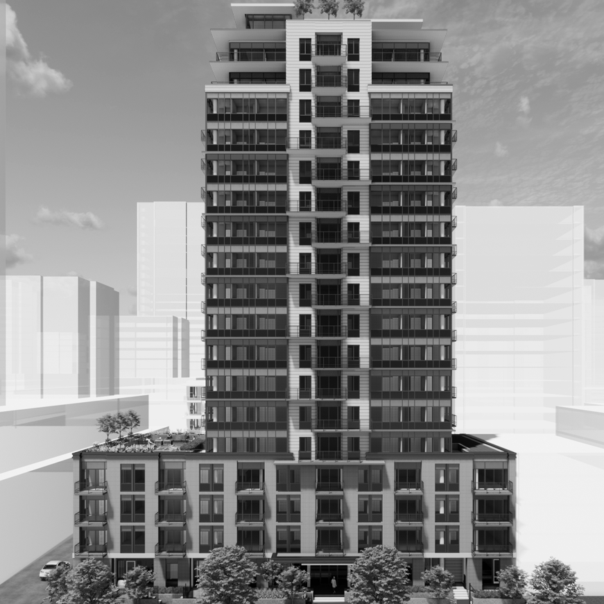 A modern multi-story residential building in an urban area, with balconies and large windows, surrounded by trees and other high-rise buildings.