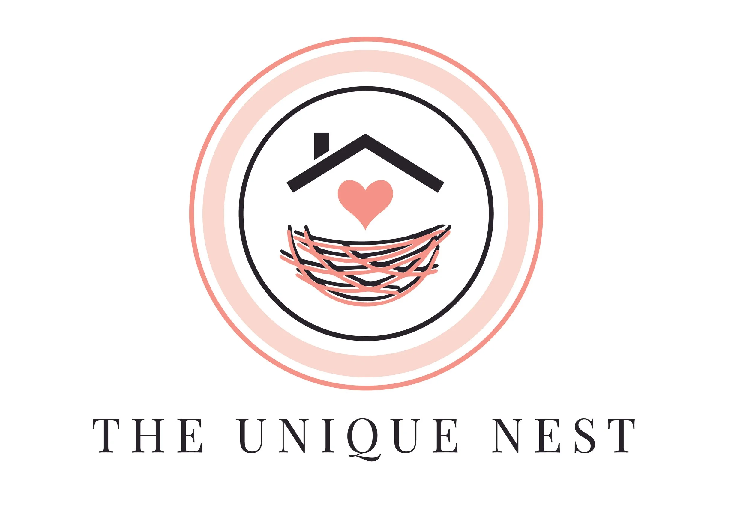 Logo for The Unique Nest featuring a stylized house with a heart and a hammock inside, surrounded by a circular pink and black outline, with the business name below.