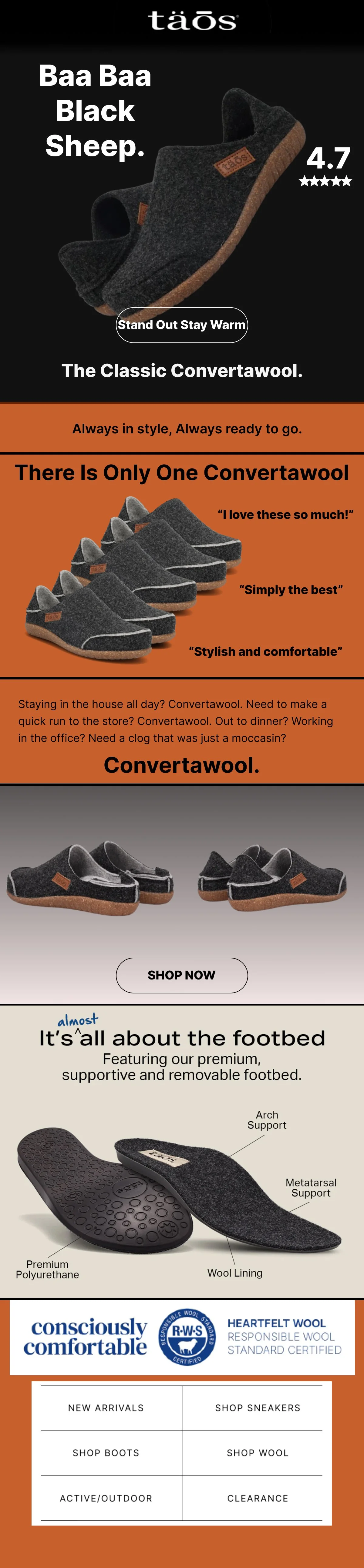 An advertisement for taos footwear featuring dark gray and black slip-on shoes called 'Baa Baa Black Sheep' with a 4.7-star rating. The ad promotes their classic Convertawool shoes, highlighting comfort, style, and warmth. Sections include product images, slogans, and details about the supportive, removable footbed made with wool lining, arch support, and metatarsal support, emphasizing sustainable, responsible wool. The ad also features a section about conscious wool certification.