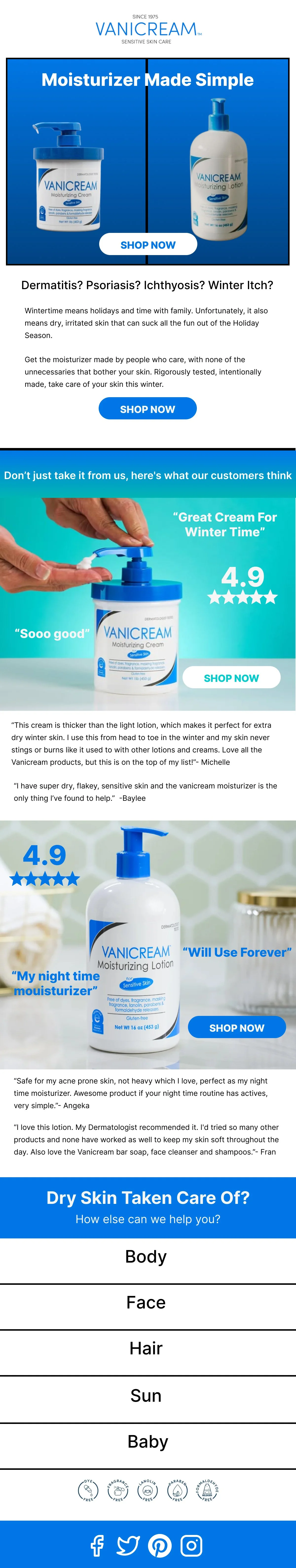Advertisement for Vanicream moisturizing products, featuring images of Vanicream moisturizing cream and lotion, with testimonials and options to shop now for dry skin care.