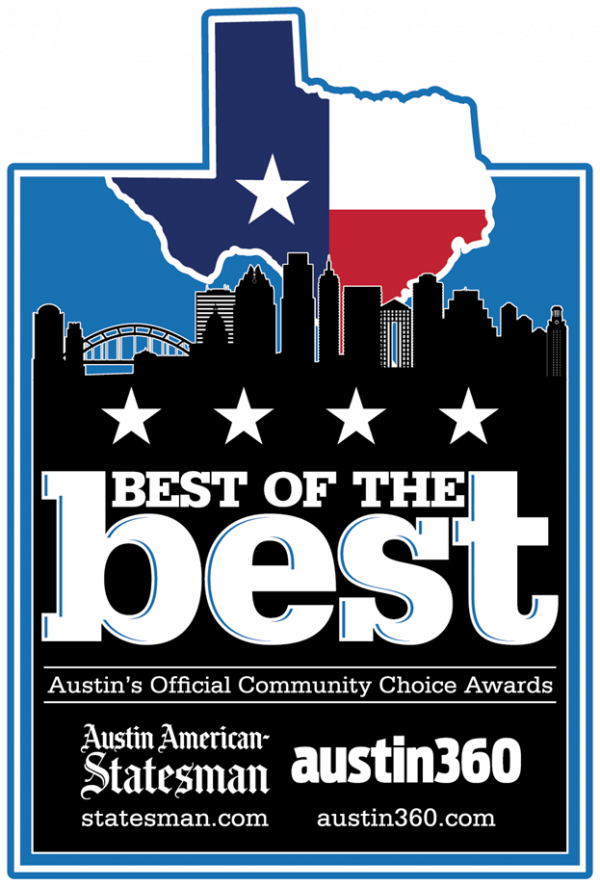 Iconic Texas state outline with the Texas flag inside, featuring a city skyline with skyscrapers and a bridge, promoting Austin's Best of the Best Community Choice Awards from Austin American-Statesman and Austin 360.