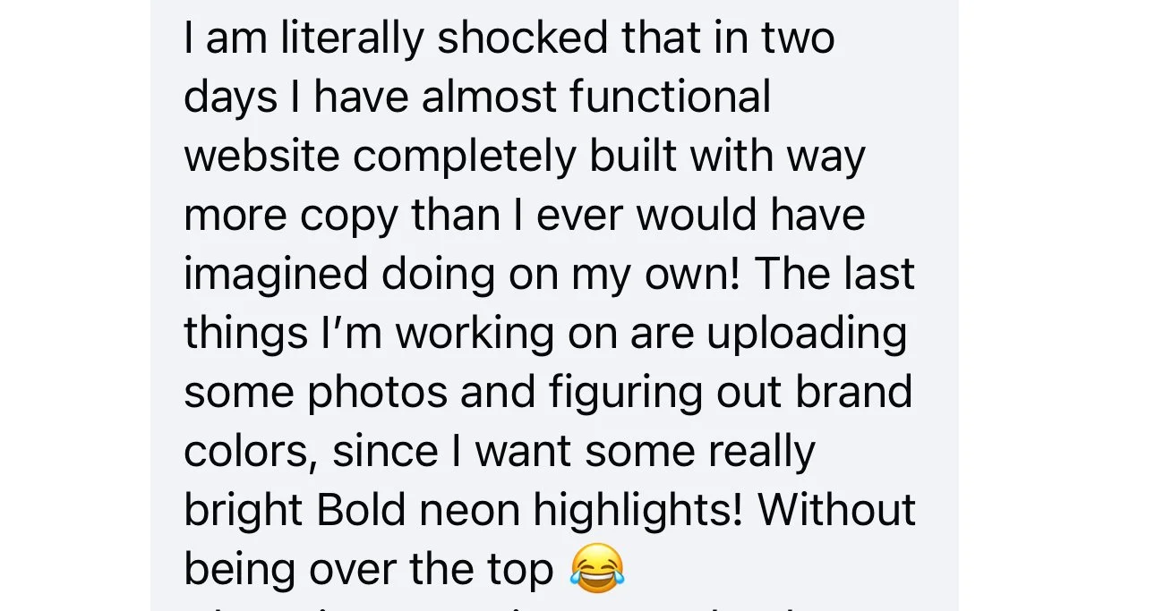 Text message discussing building a website, uploading photos, and choosing bright neon highlights, ending with a laughing emoji.