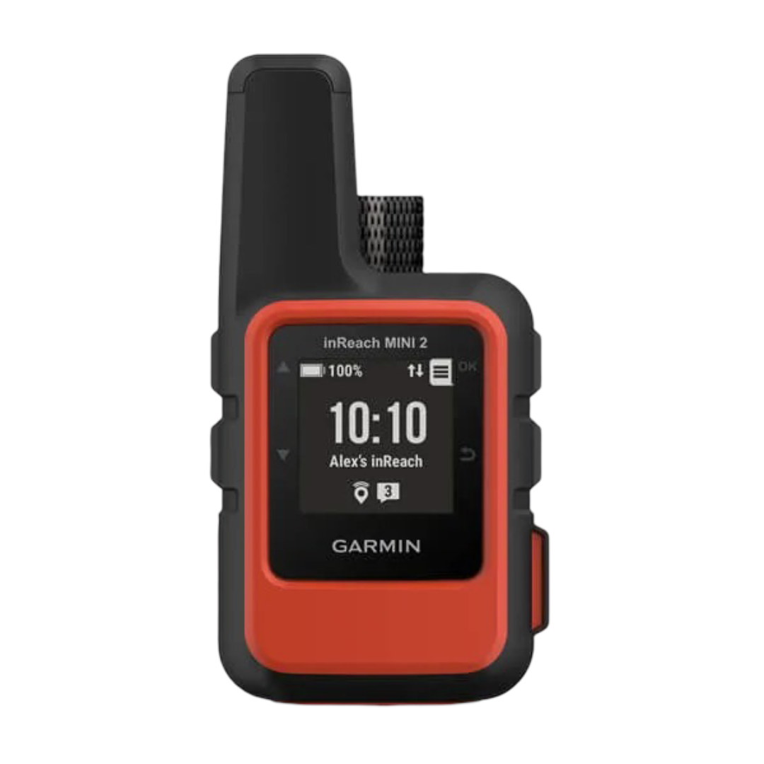 Garmin inReach Mini 2 satellite communication device with a black and red design, LCD screen showing time 10:10, battery at 100%, and other icons.