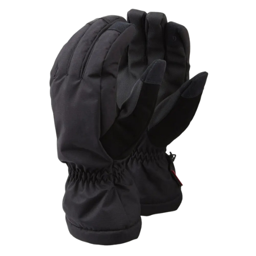 Black winter glove with a wrist strap and separate finger sections.