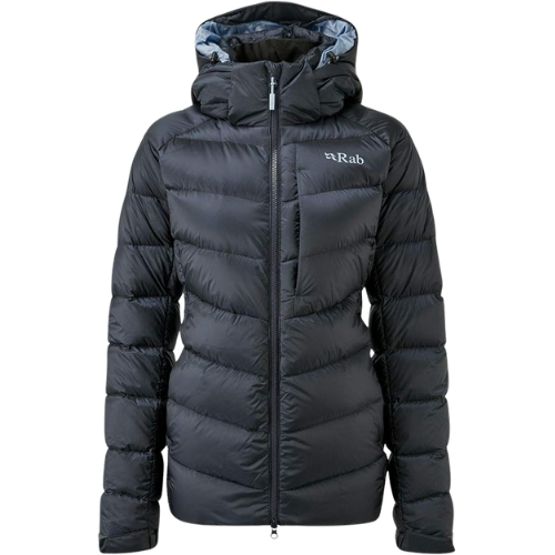 Black insulated outdoor jacket with a hood and the Rab logo on the front left chest.