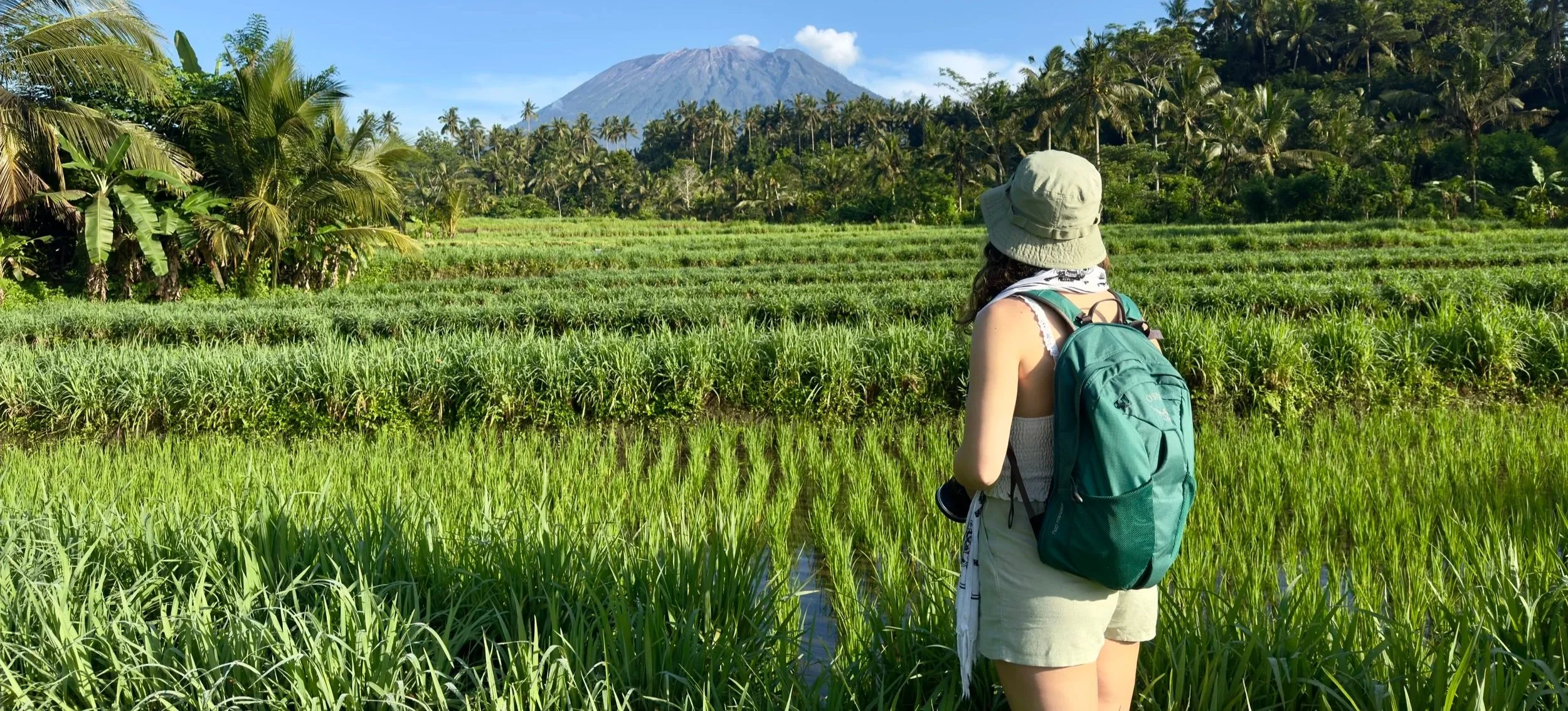 A woman with a backpack and hat standing in a green rice field, looking at a distant volcano with a partly cloudy sky.