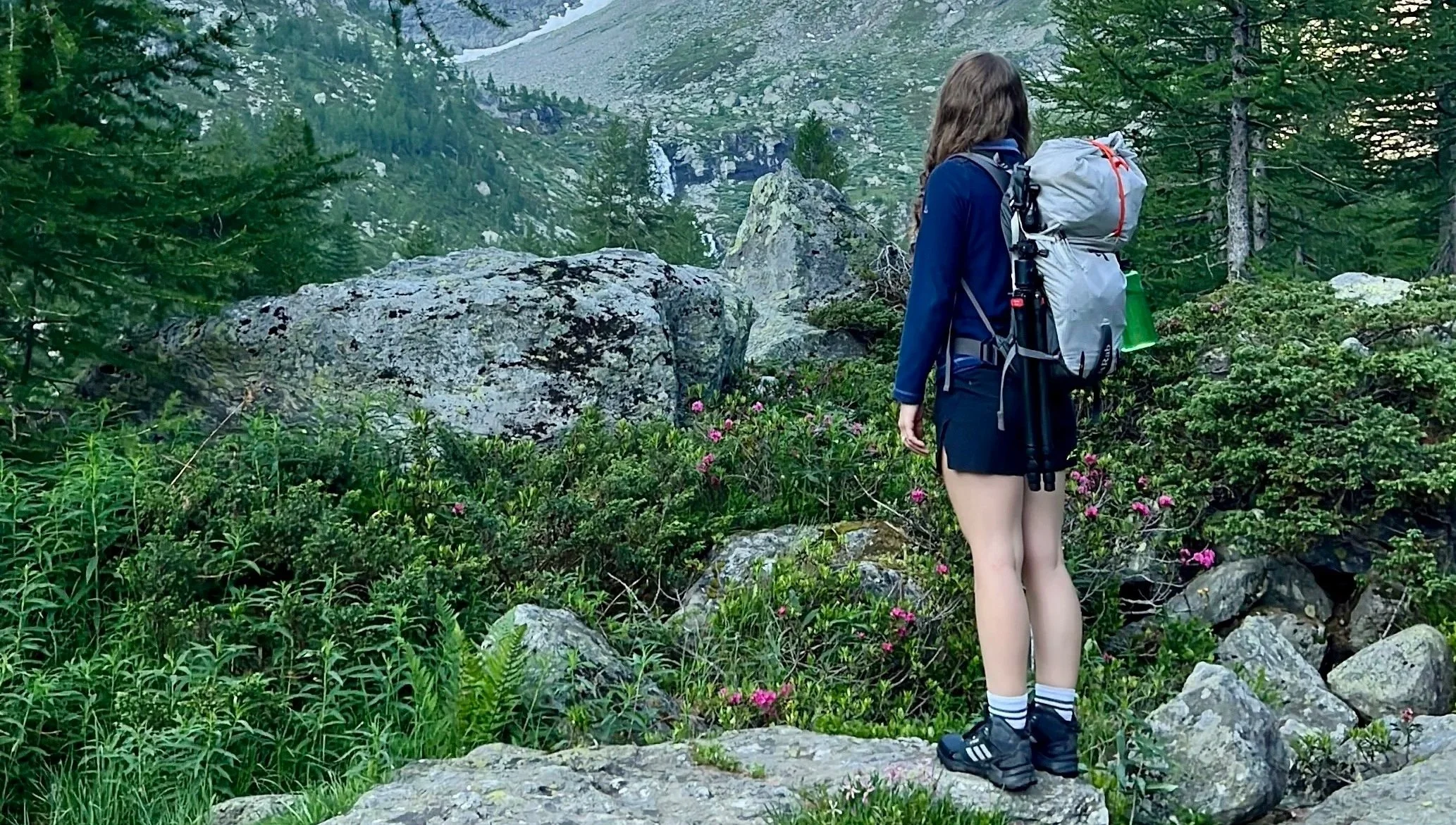 A woman with long hair wearing a blue jacket, black shorts, and hiking shoes, standing on rocks in a lush green mountain landscape with trees, rocks, and pink flowers.