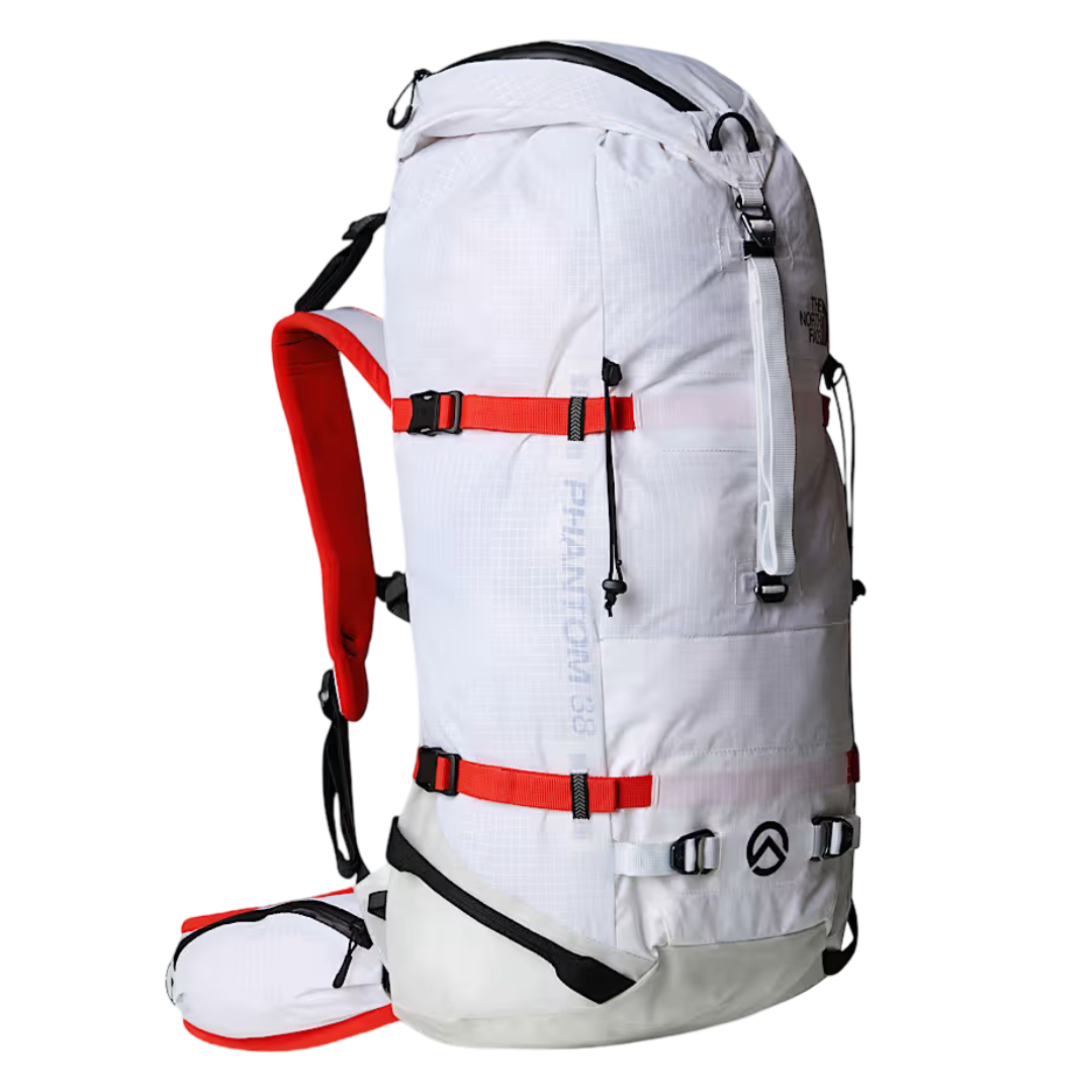 A large white and gray outdoor hiking backpack with red straps, a small attached white pouch, and various compartments and straps.