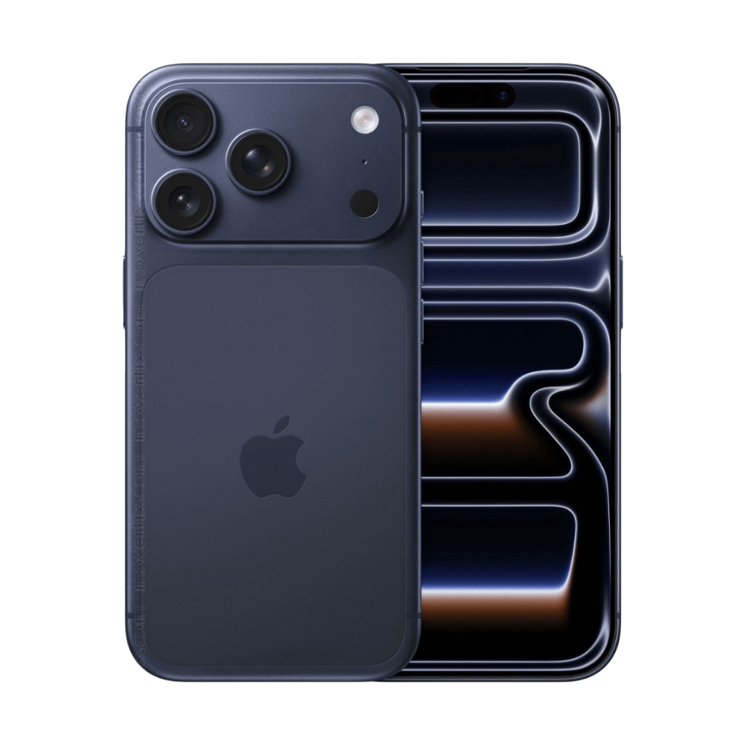 Front and back views of a dark blue iPhone showing triple camera system and LCD display