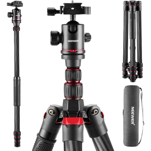 A professional camera tripod with an adjustable center column and legs, a carrying case, and a tripod bag.