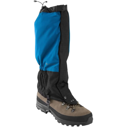 A hiking boot with a blue and black gaiter attached, designed for outdoor activities.