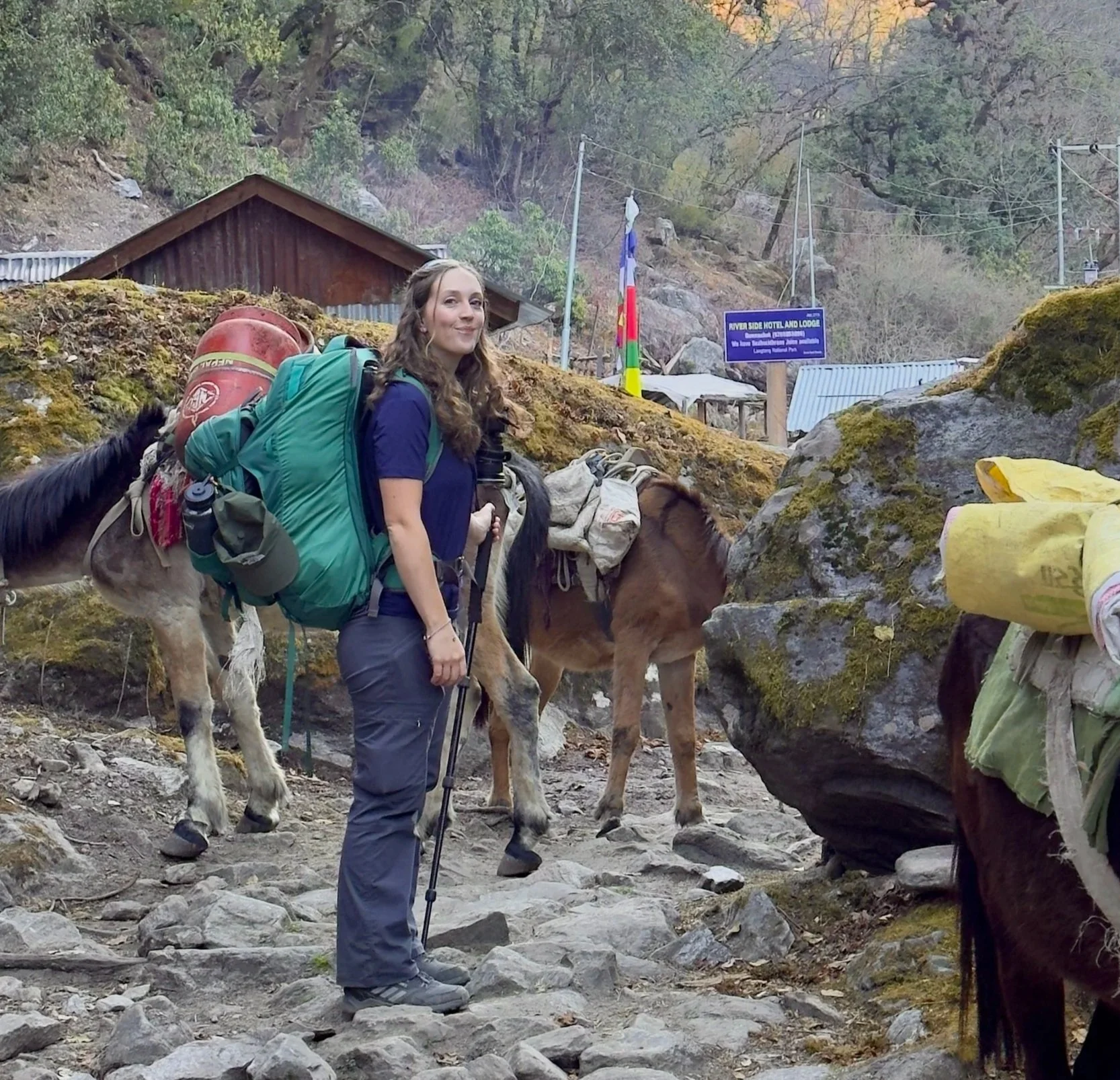 A woman with a large backpack stands on a rocky trail flanked by pack mules, with a cabin, trees, and a sign in the background.