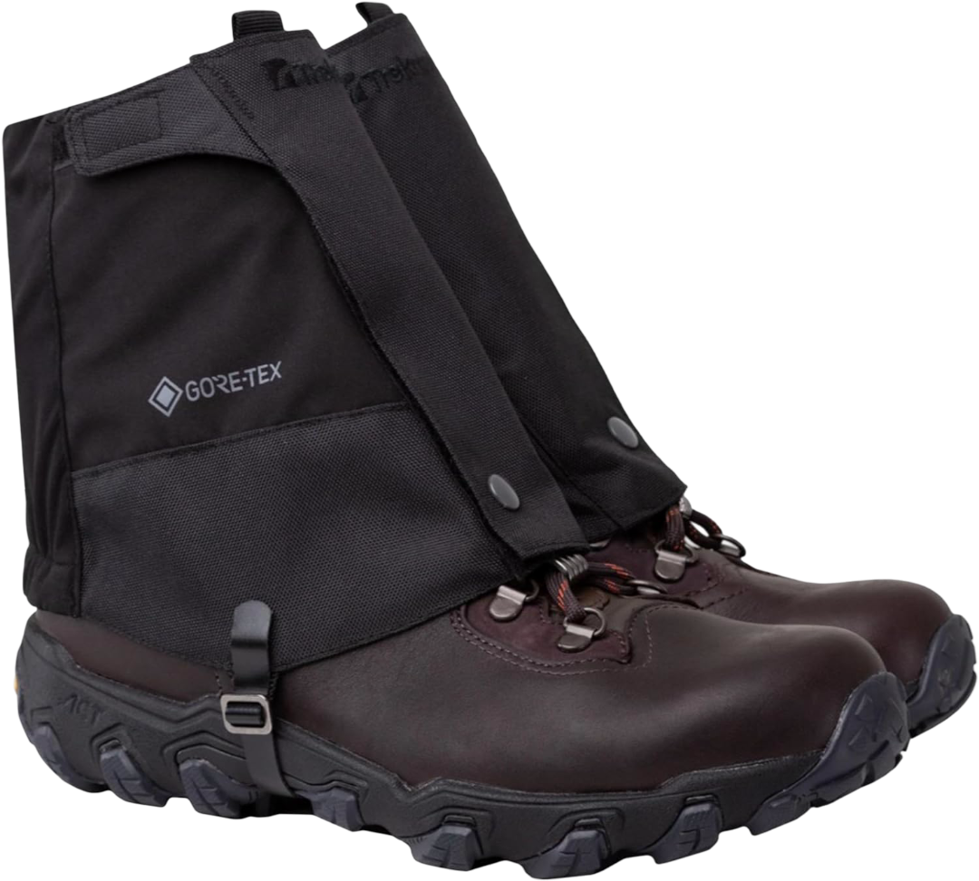 Pair of hiking boots with black waterproof gaiters attached.