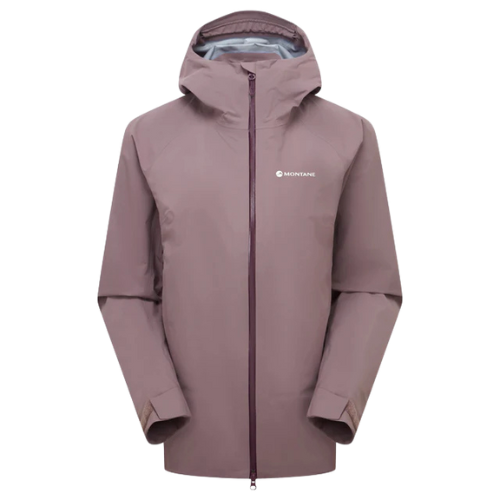 A pinkish mauve Montane waterproof jacket with a front zipper and hood.