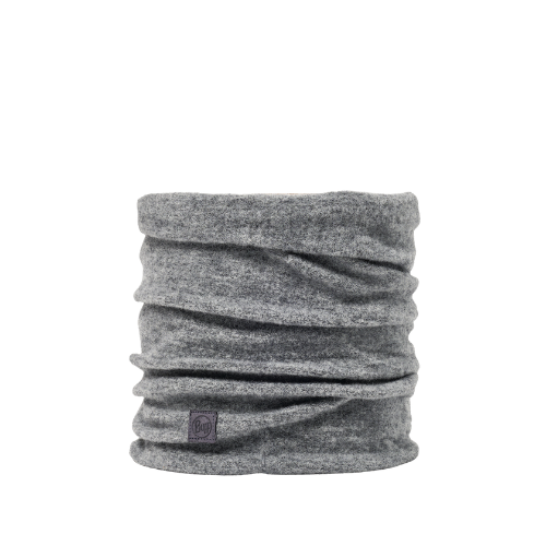 Gray neck gaiter with a small purple logo at the bottom.