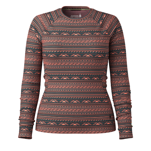 A long-sleeve women's top with a geometric pattern in red, black, and white colors.