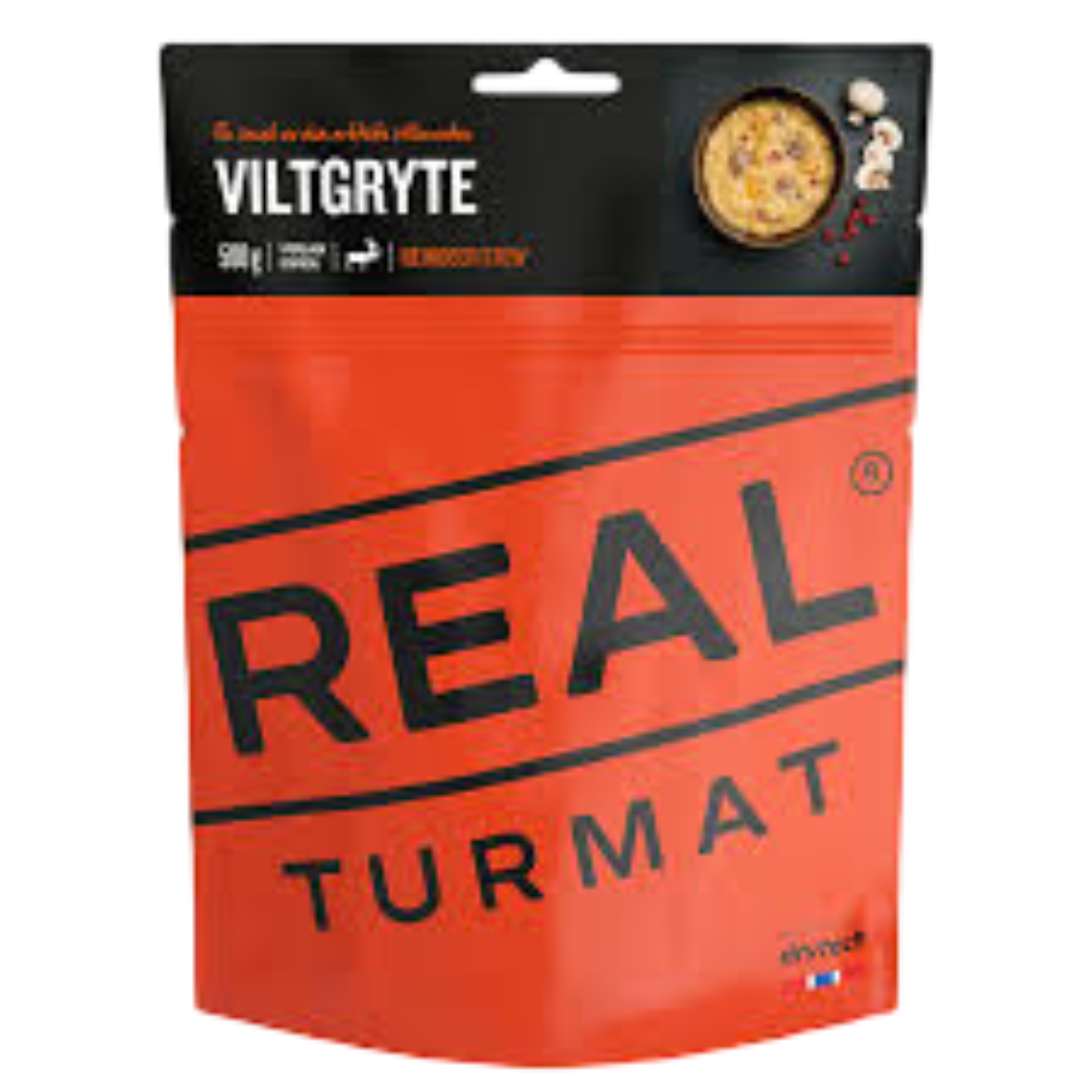 Packaging of Real Turmat Viltgryte, a food product, with a picture of a dish on the top right corner.