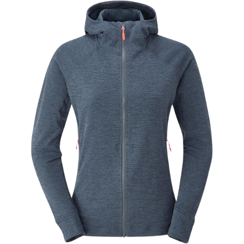 A dark gray zip-up hoodie jacket with a hood and red zipper pulls.