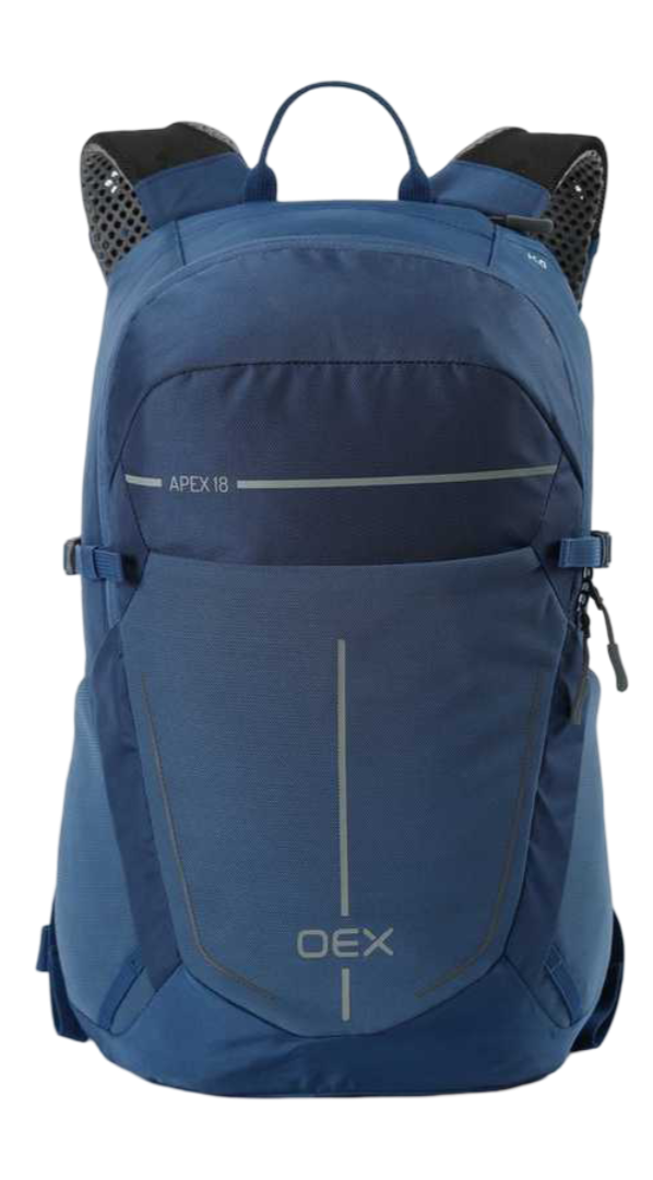 Blue OEx Apex 18 hiking backpack with multiple compartments and padded shoulder straps.
