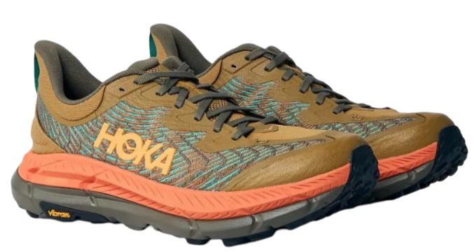 Brown and teal Hoka running shoes with black laces and a coral midsole on a black sole.