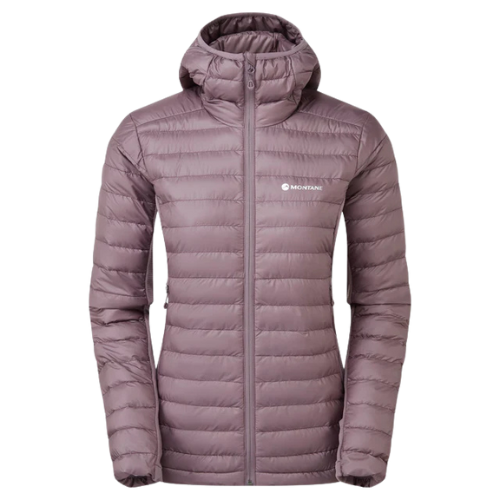 Light purple quilted insulated winter jacket with a hood and front zipper.