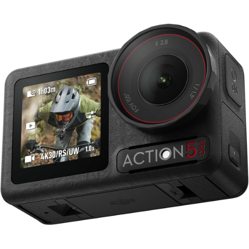 DJI Action 5 Pro camera showing a person riding a bike on the screen.