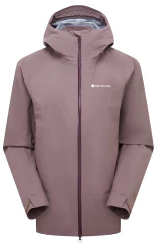 A mauve-colored Montane outdoor jacket with a zipper and hood.