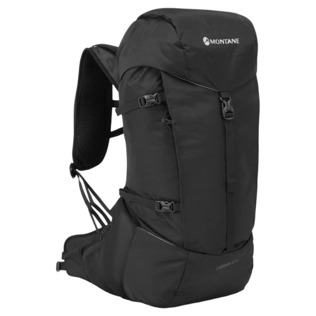 Black Montane hiking backpack with multiple compartments and adjustable straps.