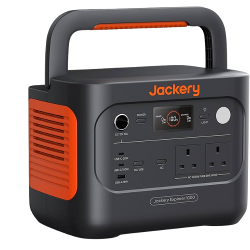 Portable Jackery Explorer 1000 power station with handles, digital display, multiple AC and USB outlets, and a power button.