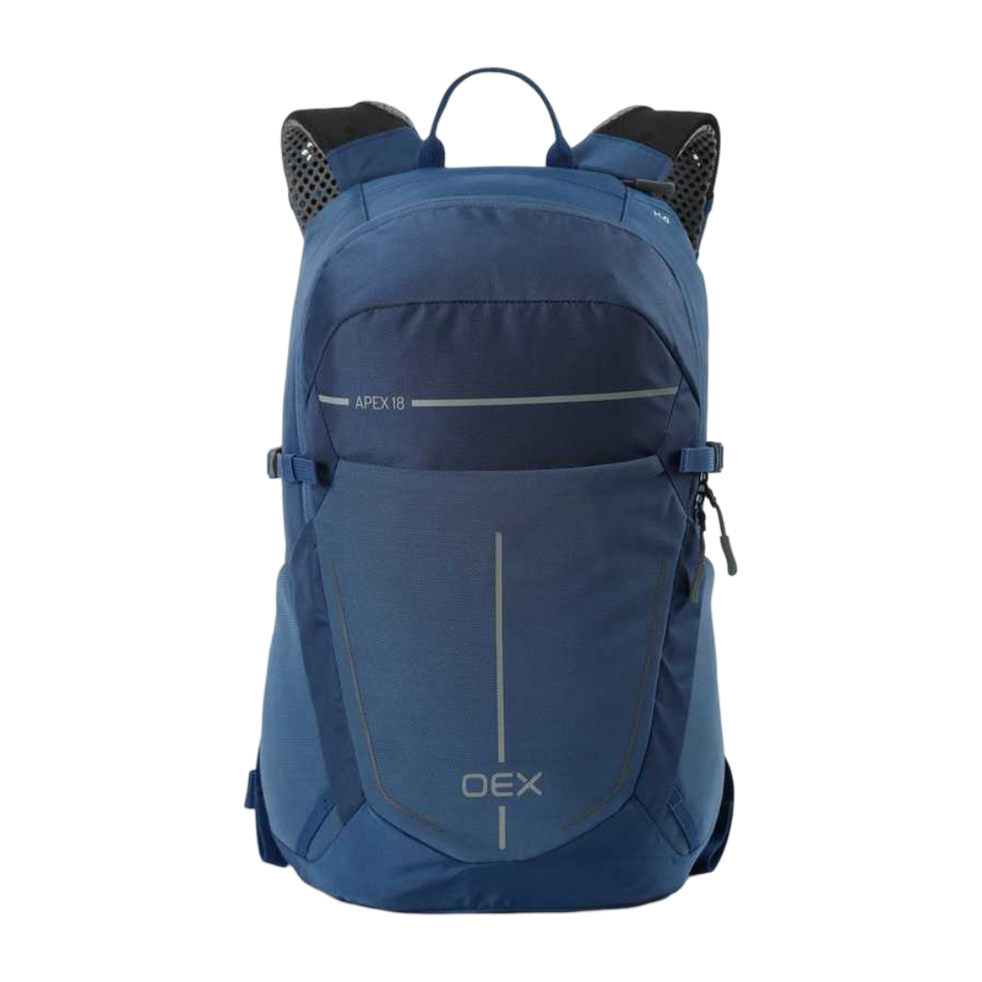 Blue OEX Apex 18 backpack with multiple compartments and padded shoulder straps.