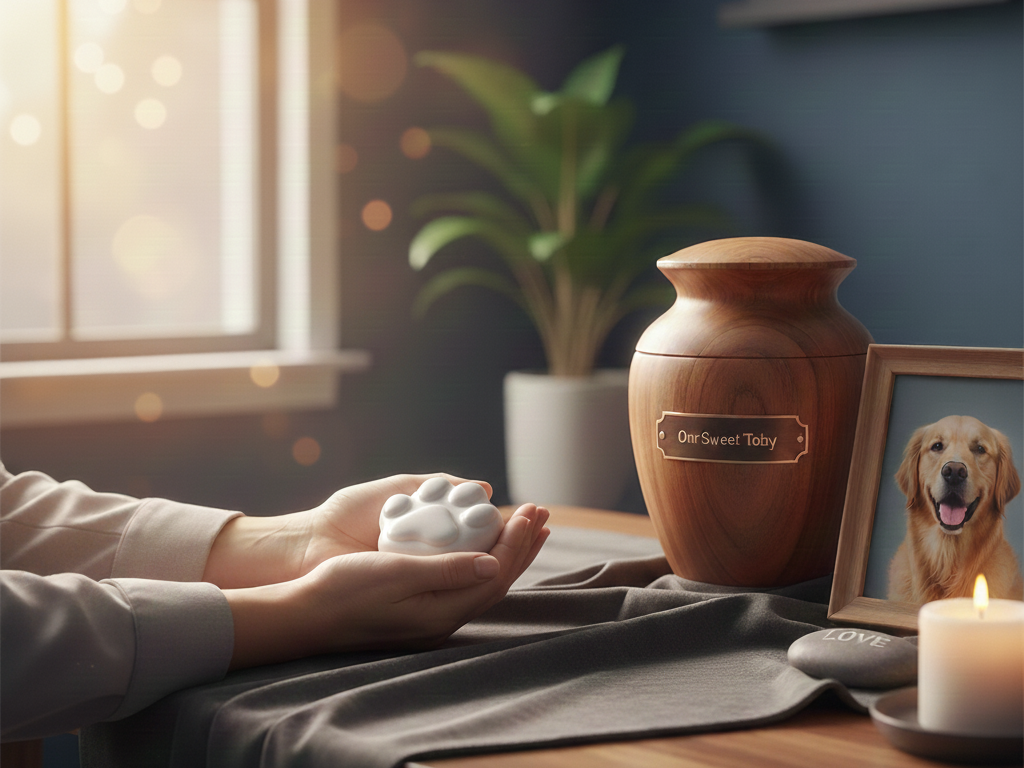 A memorial setup with a wooden urn labeled 'Our Sweet Toby,' a framed photo of a happy golden retriever, a candle, and a person's hands holding a paw-shaped object, near a window with soft sunlight.