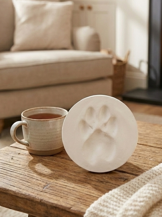 A mug of tea or coffee and a round ceramic dish with a paw print design on a wooden table.