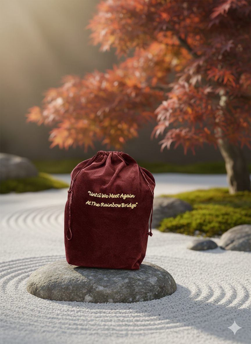 A maroon drawstring bag placed on a flat stone in a Zen garden with raked sand. In the background, there are red maple leaves and a blurred landscape.