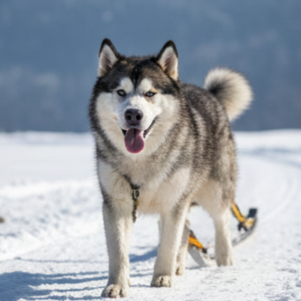 A Siberian Husky dog standing on snow with ski attachments, outdoors in a winter landscape.
