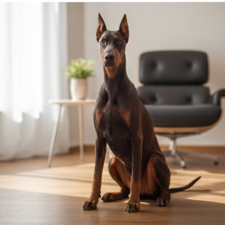 Doberman sitting on a wooden floor in a modern living room with a black leather chair and a small table with a plant.