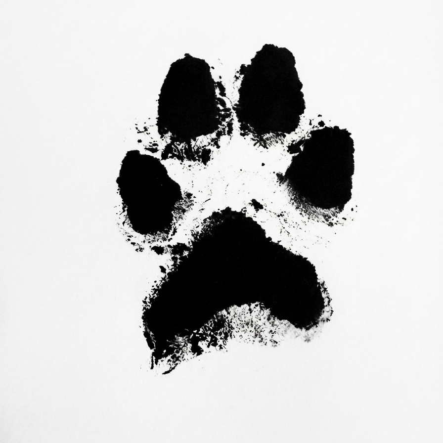 Black ink paw print on white background, resembling a dog or wolf's footprint.