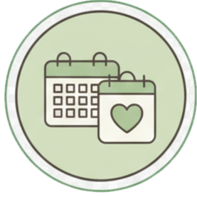 Two calendar icons, one with a heart symbol, on a light green background.