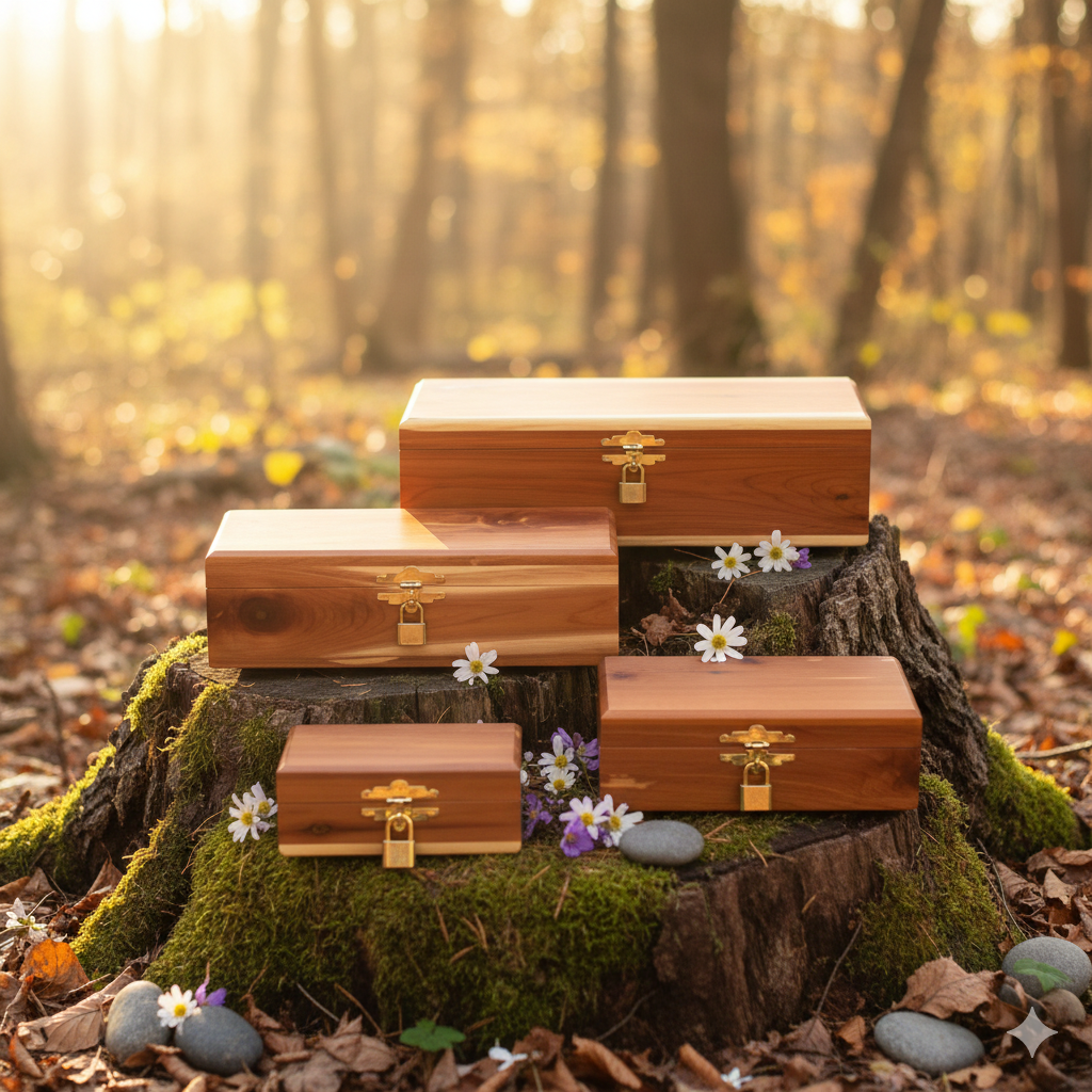 Four wooden boxes with gold latches sitting on a moss-covered tree stump in a sunlit forest with scattered flowers and stones.