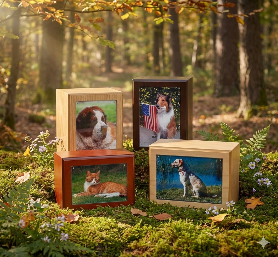 Four framed photographs of pets arranged on mossy ground in a forest, including two dogs and two cats.
