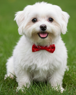 A small, fluffy white dog wearing a red bow tie sitting on green grass