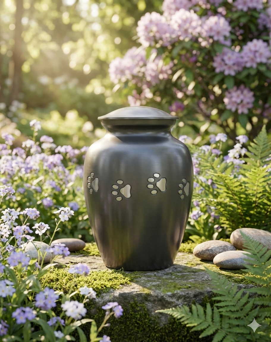 A black urn with cut-out paw prints is placed on a mossy rock in a garden, surrounded by small purple flowers and ferns, with pink rhododendron flowers in the background, bathed in sunlight.