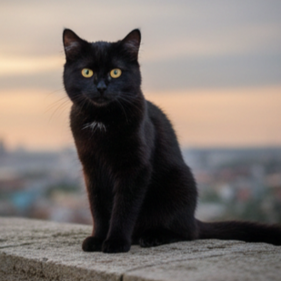 Black cat sitting outdoors during sunset.