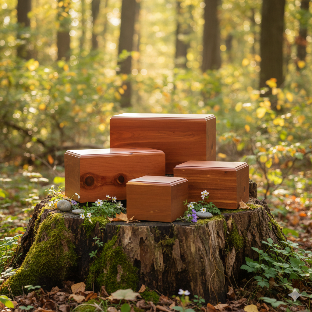 Wooden boxes of different sizes on a moss-covered tree stump in a sunlit forest with small flowers and rocks.