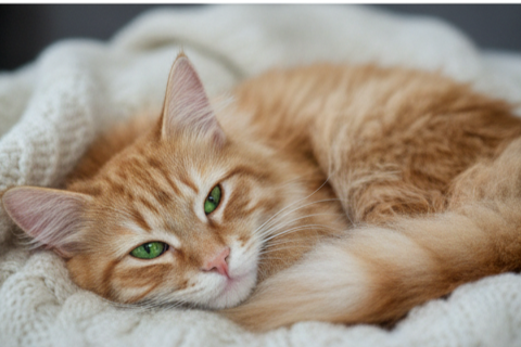 Orange tabby cat with green eyes lying on a white blanket.