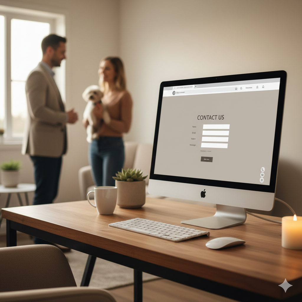 Computer screen displaying a contact form in an office or home setting, with a man and woman in the background near a window, holding a small dog.