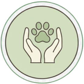 Hands holding a paw print icon inside a circular badge with a green background.