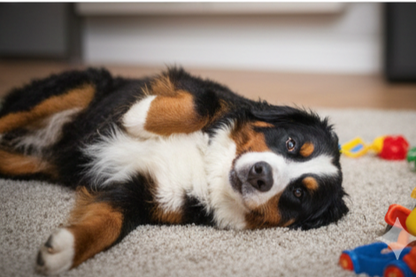A tricolor Australian Shepherd dog lying on its side on a carpeted floor, with colorful dog toys nearby.