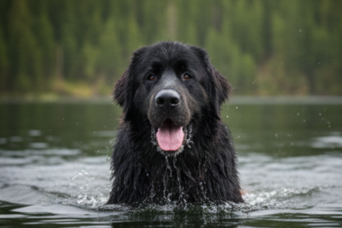 A large black dog, possibly a retriever, swimming in a lake with a forested background.