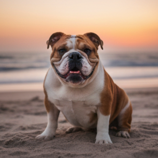 A smiling bulldog sitting on the beach during sunset.